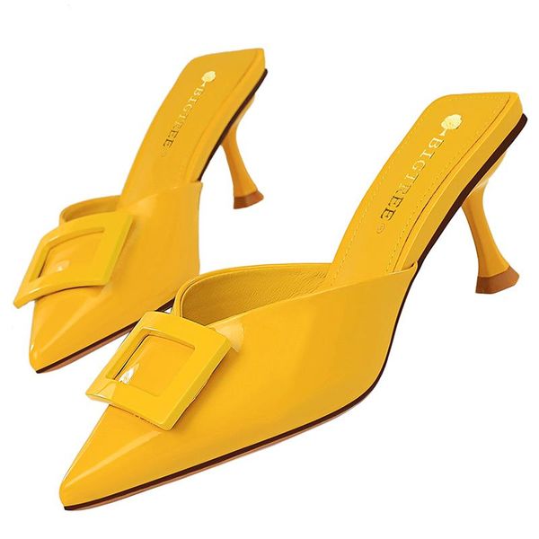 

slippers 2021 style summer nude slides women 6cm low high heels mules shales casual yellow kitten buckle shoes, Black