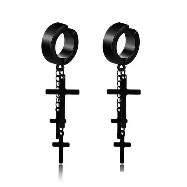 

2021 316l stainless steel hypoallergenic stud earrings for mens punk rock black silver cross chain tassel earrings fashion jewelry in bulk