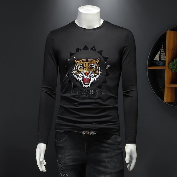 

embroidered tiger head printing men's long-sleeved t-shirts 2023 new trend korean version fashion warm thickened high elastic cotton b, White;black