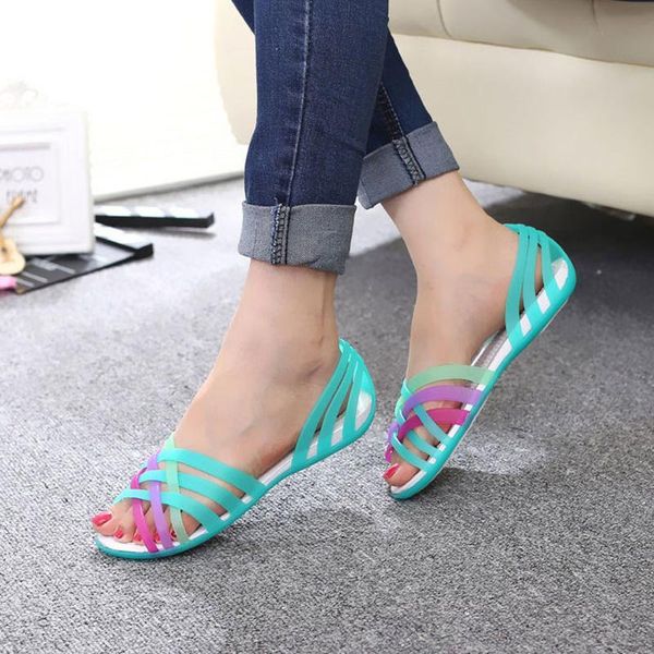 

women jelly shoes sandals rainbow summer female flat ladies slip on woman candy color peep toe women's beach, Black
