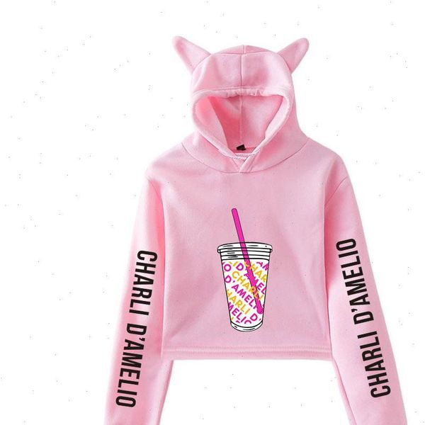 

pertty ice coffee splatter cat women hoodie ear fashion charli damelio merch casual short sweatshirts pullover, Black