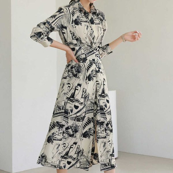 

casual dresses longo feminino sobre o joelho temperamento polo colarinho plissado fenda camisa vestido design nicho cintura jovem menina u39, Black;gray