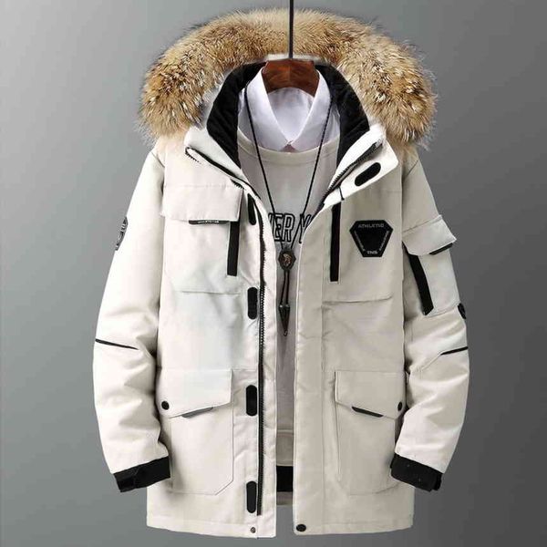 

men's thick duck feather et, warm coat, large leather collar, 30 degree casual windbreaker, white, 90%, Black