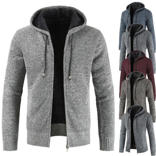 

men's sweaters hooded plush thickened cardigan youth solid coat, White;black