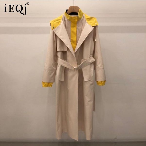 

women's trench coats ieqj 2021 autumn winter khaki windbreaker female loose fried street splicing with belt coat fashion 3w611, Tan;black