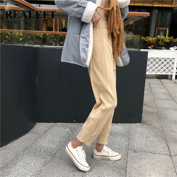 

autumn winter warm knitted harem pants high waist street loose fashion korean style casual long trouser ladies 210428, Black;white