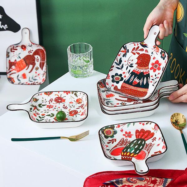 

dishes & plates cute cartoon plate ceramic baking pan with handle bakeware dessert cake bread serving tray kitchen tableware microwave oven