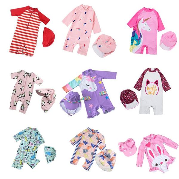 

one-pieces beach bath kids girls baby swimsuits children swimwear cute cartoon one piece long sleeve short with swimming cap, Black
