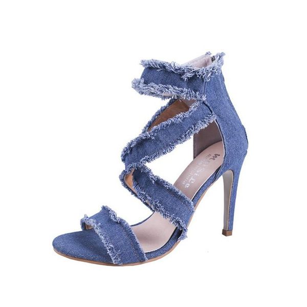 

sandals women denim high heels pumps roman summer fashion peep toe breathable zip shoes casual comfortable, Black