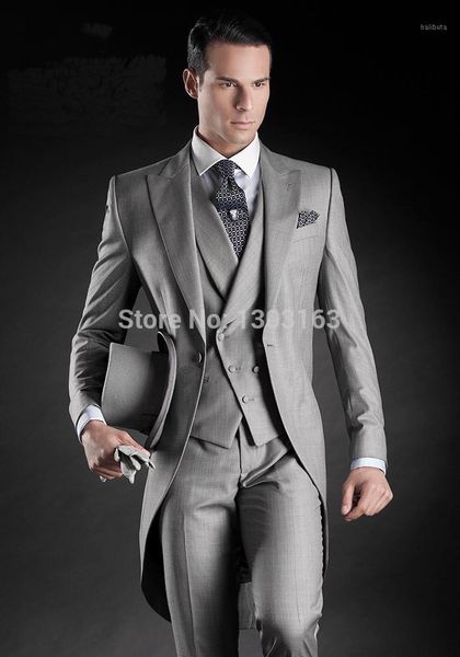 Оптовые- Бесплатные красивые светло-серые утренние костюмы Groom Tuxedos Suit Slim Fit Tuxedo Suits (куртка + брюки + жилет + галстук + керский)