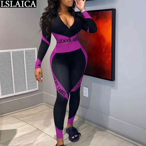 

winter clothes women long sleeve woman pants print color matching plus size two piece sets zipper running fashion 2 pc 210520, White