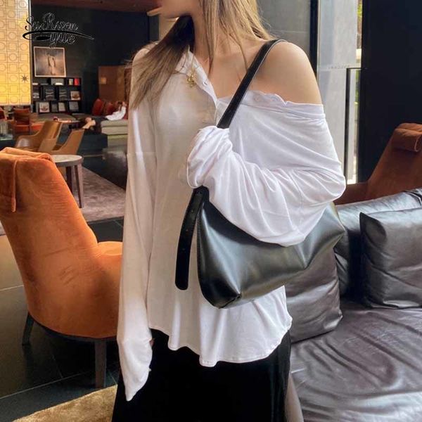 

solid neckline buttons plus size autumn blouse women revealing clavicle slimming long sleeve bottoming t-shirts 11914 210508, White