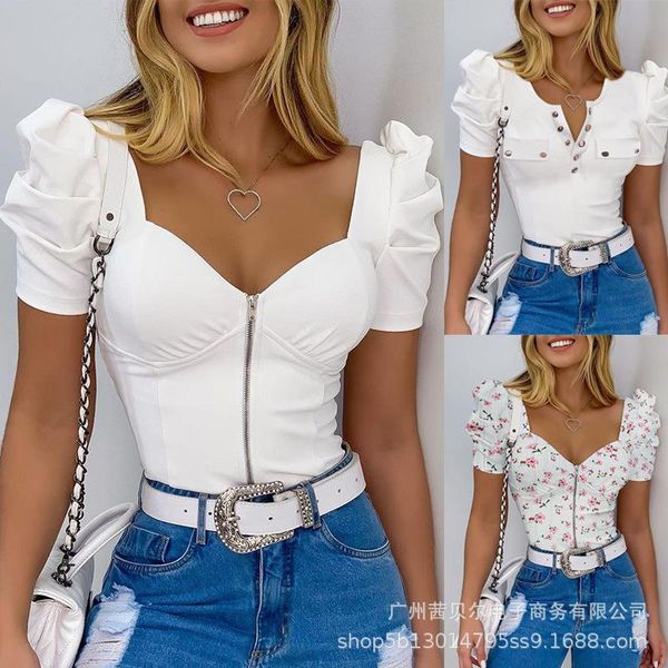 

women's t-shirt 2021 summer fashion white zipper puff sleeve woman tshirts