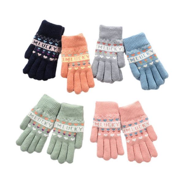 

children mittens fashion gloves knitted girls kids accessories boys winter letter five-finger student writing refers to the warm double laye, White