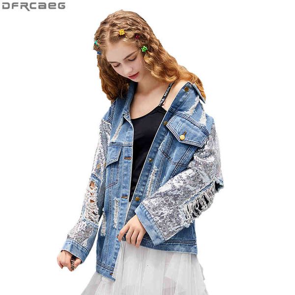 

women's jackets fashion patchwork sequin jeans jacket women spring streetwear long sleeve ladies coats holes ripped loose denim 5i, Black;brown