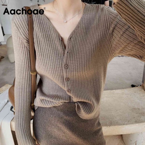 

aachoae autumn casual knitwear sweater women v neck solid cardigan long sleeve ladies sweaters winter cardigans mujer 210413, White;black