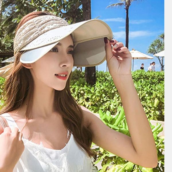 

wide brim hats korean style women empty lace canvas sun visor hat sunscreen adjustable beach baseball with chin strap q5we, Blue;gray