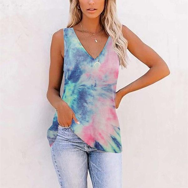 

women's tanks & camis summer tank women tie-dye printed sleeveless deep v neck workout pullover casual slim plus size streetwear camis, White