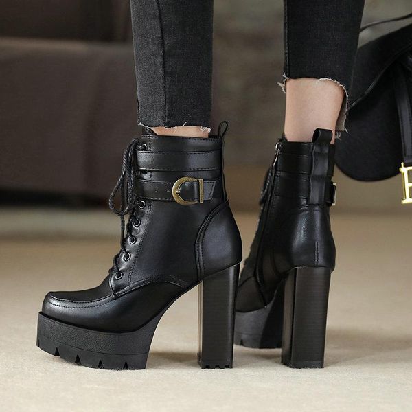 

boots size 43 ankle strap black women's fashion platform buckle zipper western women shoes bottes femme