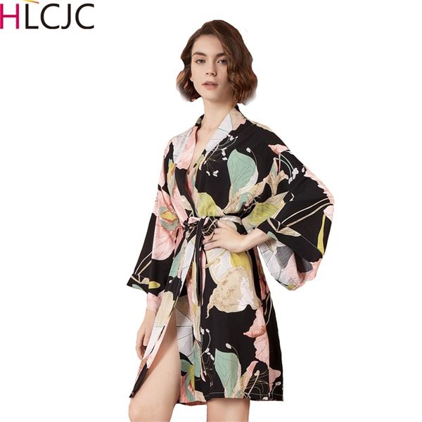 Sexy Dessous Baumwolle Kimono Robe Bademantel Frauen Blume Print Roben Satin Robe Damen Dressing Gowns Sleepwear Große Größe 210831