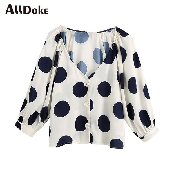 

polka dot blouse women summer v neck lantern sleeve office lady shirt femme vintage casual blouses blusas mujer women's & shirts, White