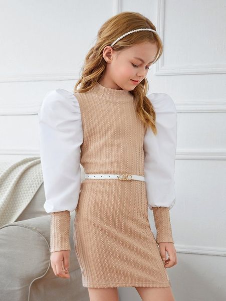 

girls mock neck contrast puff sleeve textured dress without belt she, Red;yellow