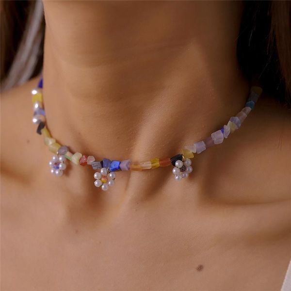 

chokers boho flower necklace for women acrylic simulated pearl choker necklaces vintage collares chain female jewelry bijoux, Golden;silver