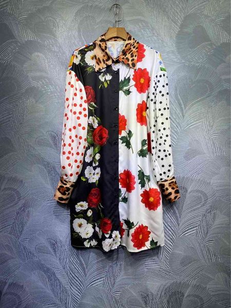 

australian spring mixed silk with lapel print shirt and beaded belt(5210), Black