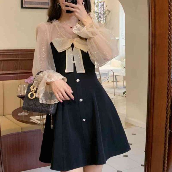 

vintage elegant mini party dress for women casual lace long sleeve dresses bow one piece dress korean black summer, Black;gray