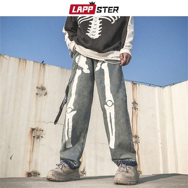 

lappster men skeleton oversized black jeans pants 2021 denim mens streetwear hip hop harem pants high wasit denim pants overalls 220217, Blue