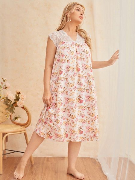 

plus lace shoulder bow detail floral print nightdress m1ll#, Black;white