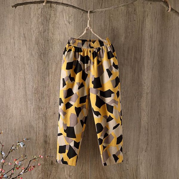 

women's pants & capris 2021 summer fashion printed cotton linen harem for women casual high waist ankle-length loose trousers female vi, Black;white