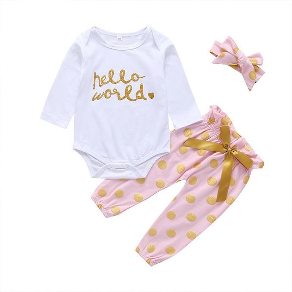 

baby girl's long sleeve o-neck 100% cotton letters triangle rompers+full length pants+turbans 3pcs clothing sets dressing set, White