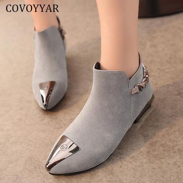 

boots covoyyar autumn winter women short plush shoes fashion 2021 pointed toe metal decoration ladies ankle wbs2087, Black