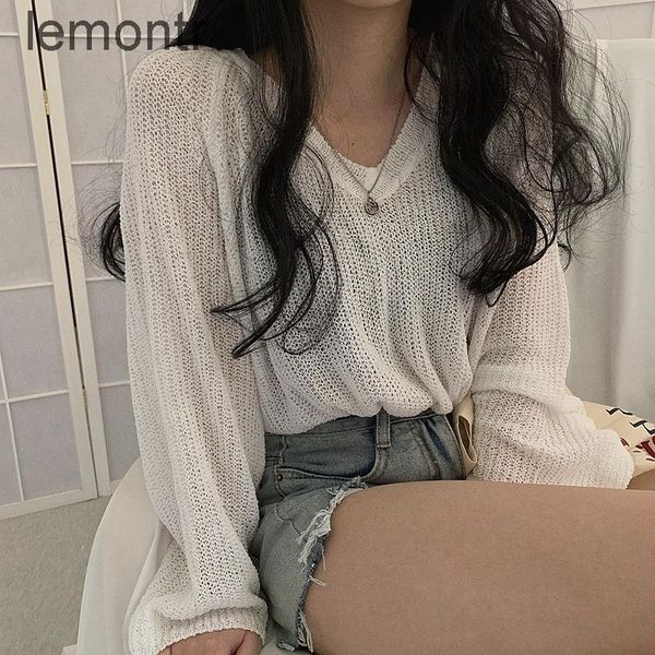 

women's t-shirt summer long sleeve thin hollow and sunscreen sweater v-neck silk ice air conditioning shirt 2021 woman, White