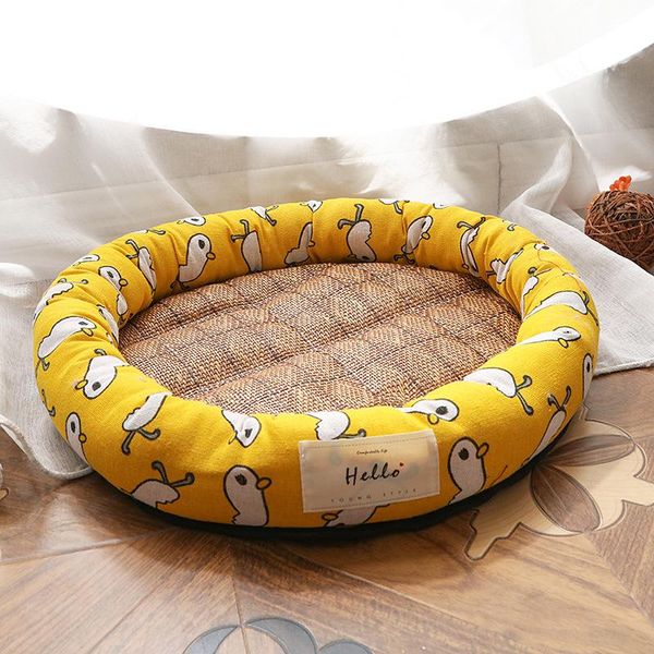 

kennels & pens linen round dog bed with summer mat anti-slip plastic cloth cat pet blanket soft for small medium