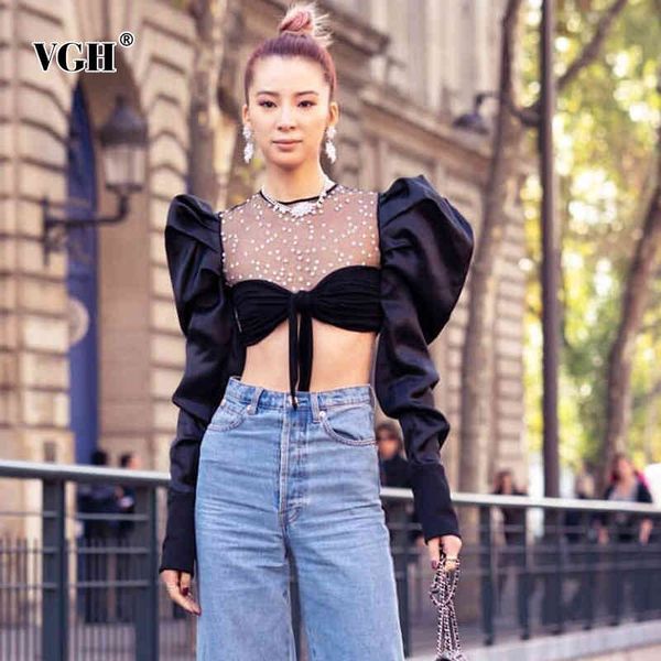 

vgh patchwork diamond mesh blouse for female o neck long sleeve lace up bowknot women fashion clothing fall style 210421, White