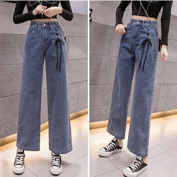 

women's jeans women high waist pants wide leg lace up denim blue streetwear vintage fashion straight
