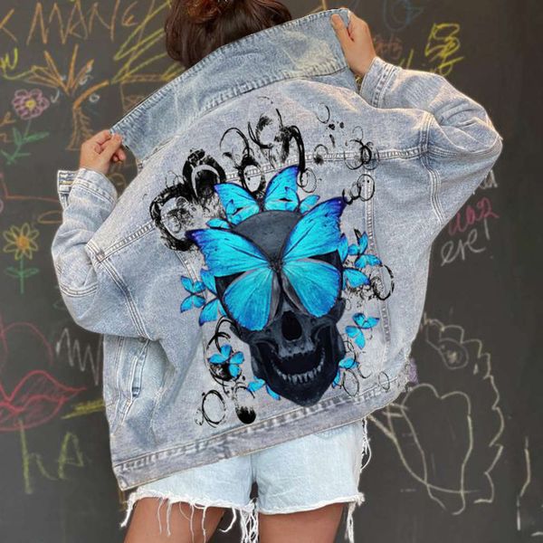 

skull butterfly print denim jacket women's jacket, Black;brown