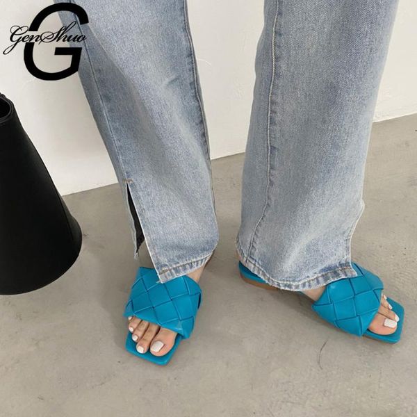 

slippers genshuo fashion women square toe flats slides summer beach shoes comfortable flip flops black white ladies slide