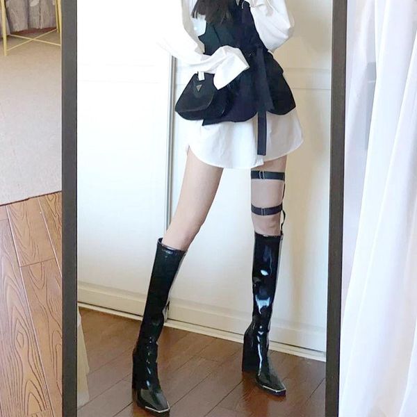 

dress shoes kendou xiaobai net red same thick high heels thin barrel knight boots women's patent leather square head knee length, Black
