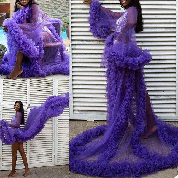 

fashion purple pregnant women pshoot dress sleepwear illusion pgraph v neck robes tiered ruffles bridal bathrobe wedding nightdress, White
