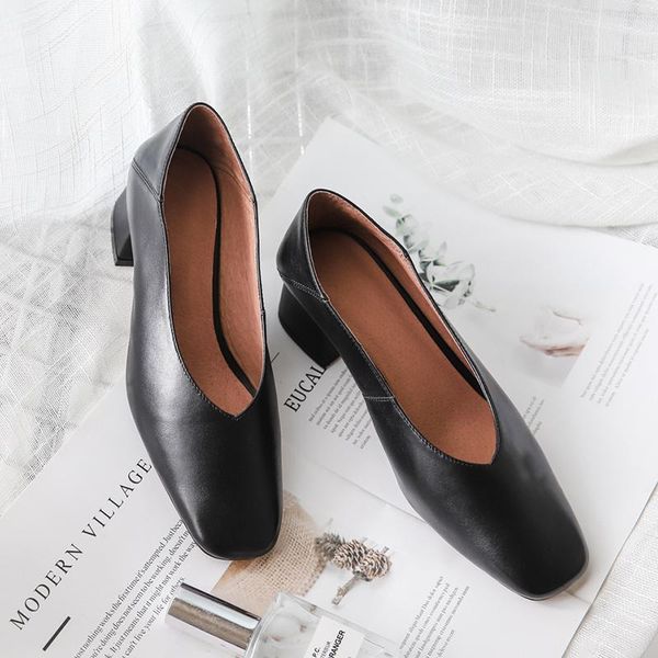 

dress shoes 3 color women's genuine leather slip-on pumps med heel comfortable v-opening retro ol style mules casual summer for women, Black