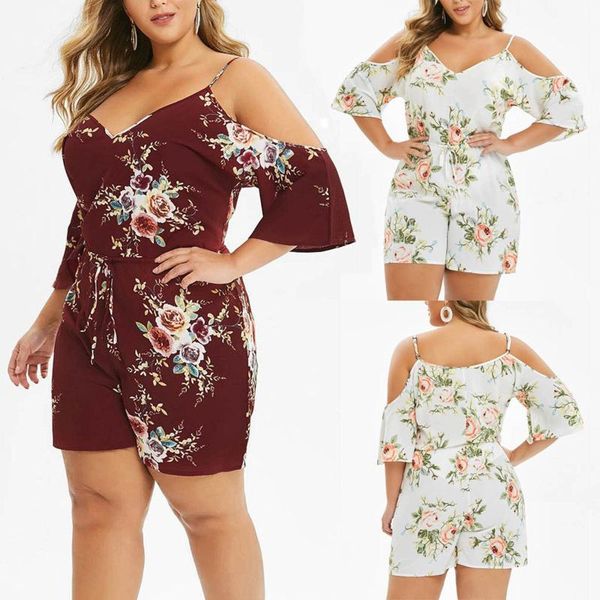 

plus size tracksuits 2021 summer casual jumpsuit sets floral cold shoulder bodysuit v-neck large loose shirts conjuntos de mujer, Black