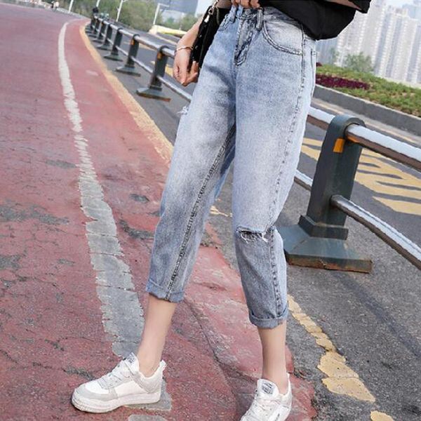 

vintage chic mon jeans hole boyfriends women denim pants high waist retro fashion straight jean femme trousers j354 women's, Blue