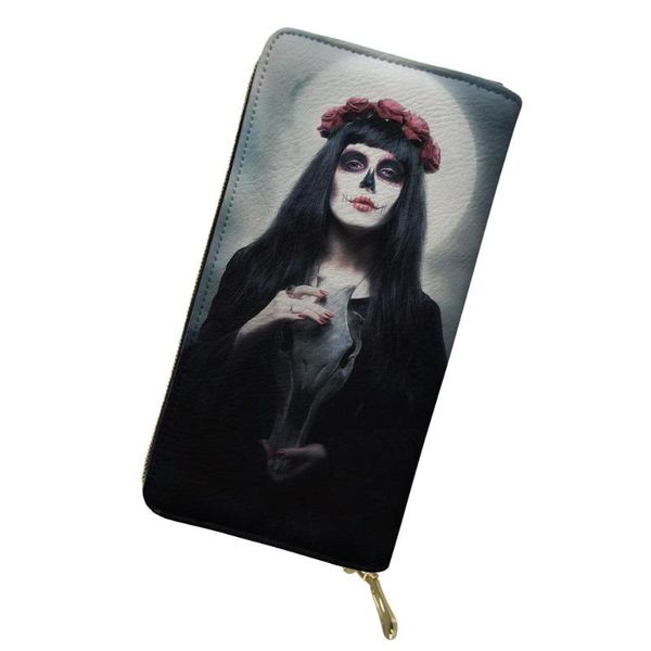 

wallets coloranimal day of the dead make-up women skull face lady pu wallet gothic style holder money bag clutch purse, Red;black