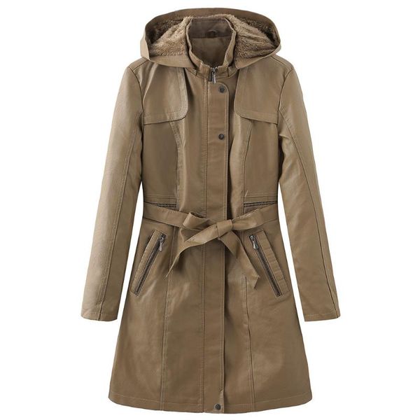

women's leather & faux womens jackets and coats vintage pu long hooded jacket thick warm winter fur lined outerwear female belt, Black