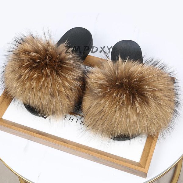 

women's winter plush shoes kids/children's real fur slides ladies raccoon slippers indoor furry flip flops girls sandals, Black
