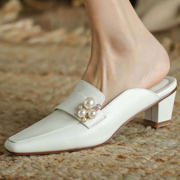 

dress shoes women's genuine leather thick high heel square toe slip-on mules beading decoration female comfortable daily summer slides, Black