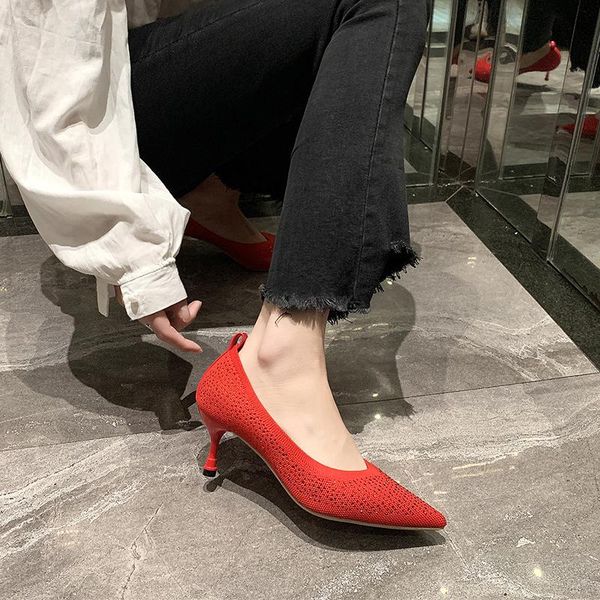 

dress shoes stretch fabric stiletto heel women breathable knit high heels party elegant crystal pointed toe pumps 2021, Black